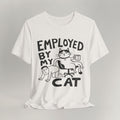 Flat lay of vintage white graphic cat t-shirt with Employed print design