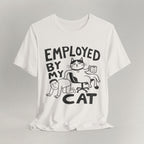 Flat lay of vintage white graphic cat t-shirt with Employed print design