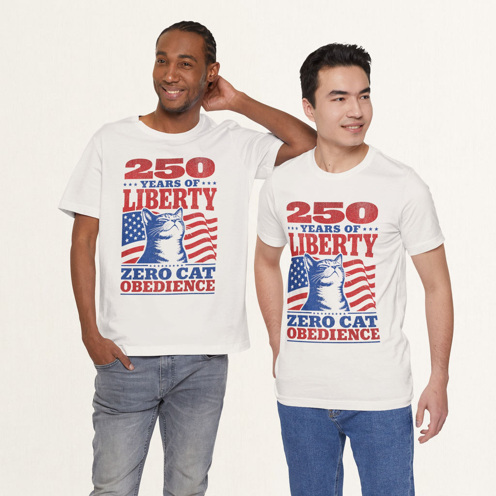 Two men wearing vintage white 250 Years Of Liberty patriotic cat t-shirts