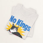 Close-up of No Kings Only Cats print on vintage black unisex t-shirt