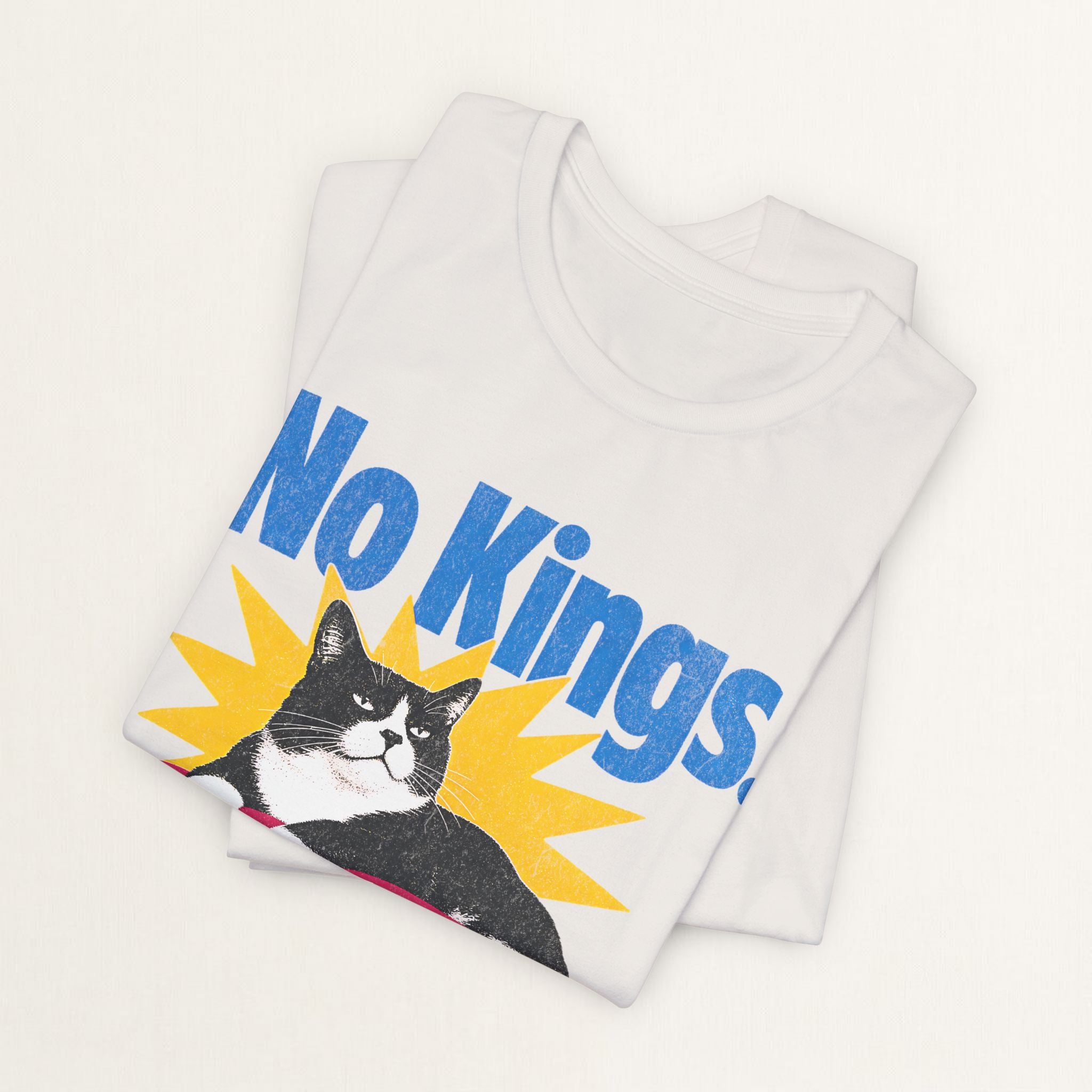 Close-up of No Kings Only Cats print on vintage black unisex t-shirt