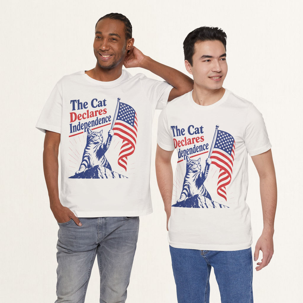 Model wearing vintage white Declares Independence patriotic cat t-shirt