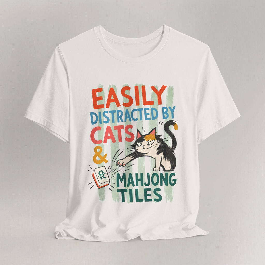 Vintage white cat t-shirt with an Easily Distracted by Cats and Mahjong Tiles design, shown flat