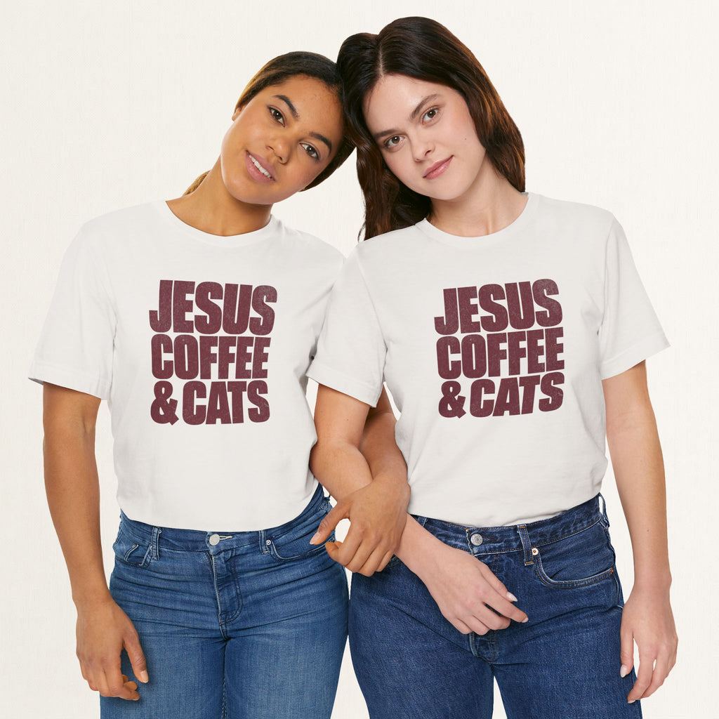 Couple wearing vintage white Jesus, Coffee & Cats cat t-shirts