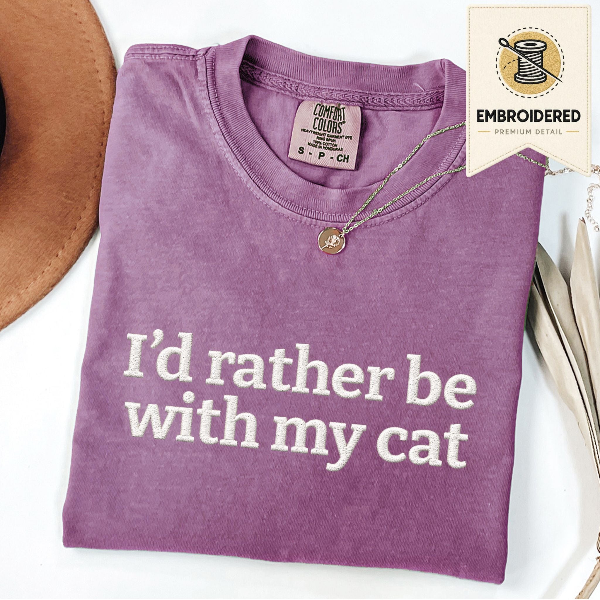 Berry embroidered cat t-shirt with 'I'd Rather Be With My Cat' chest design, shown flat