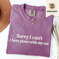 Berry embroidered cat t-shirt with 'Sorry I Can't' chest design, shown flat