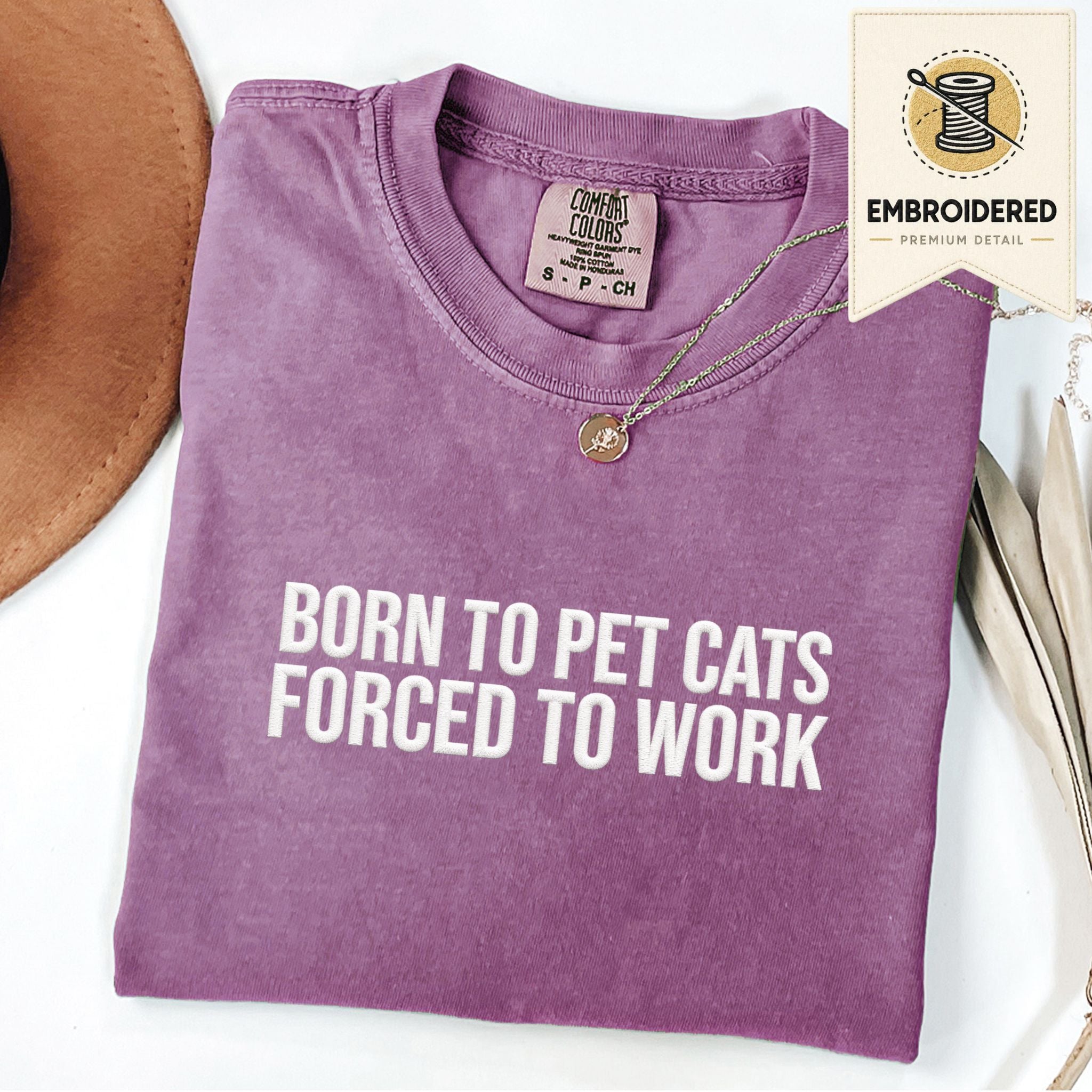 Berry embroidered cat t-shirt with 'Born To Pet Cats' chest design, shown flat