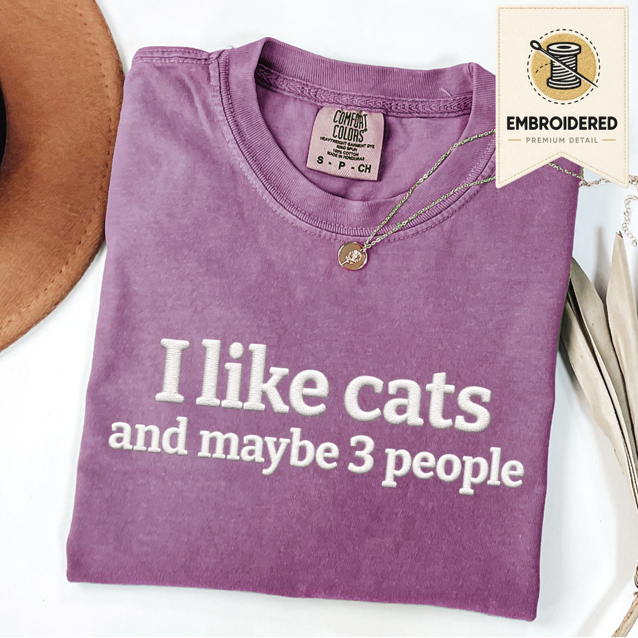 Berry embroidered cat t-shirt with 'I Like Cats' chest design, shown flat
