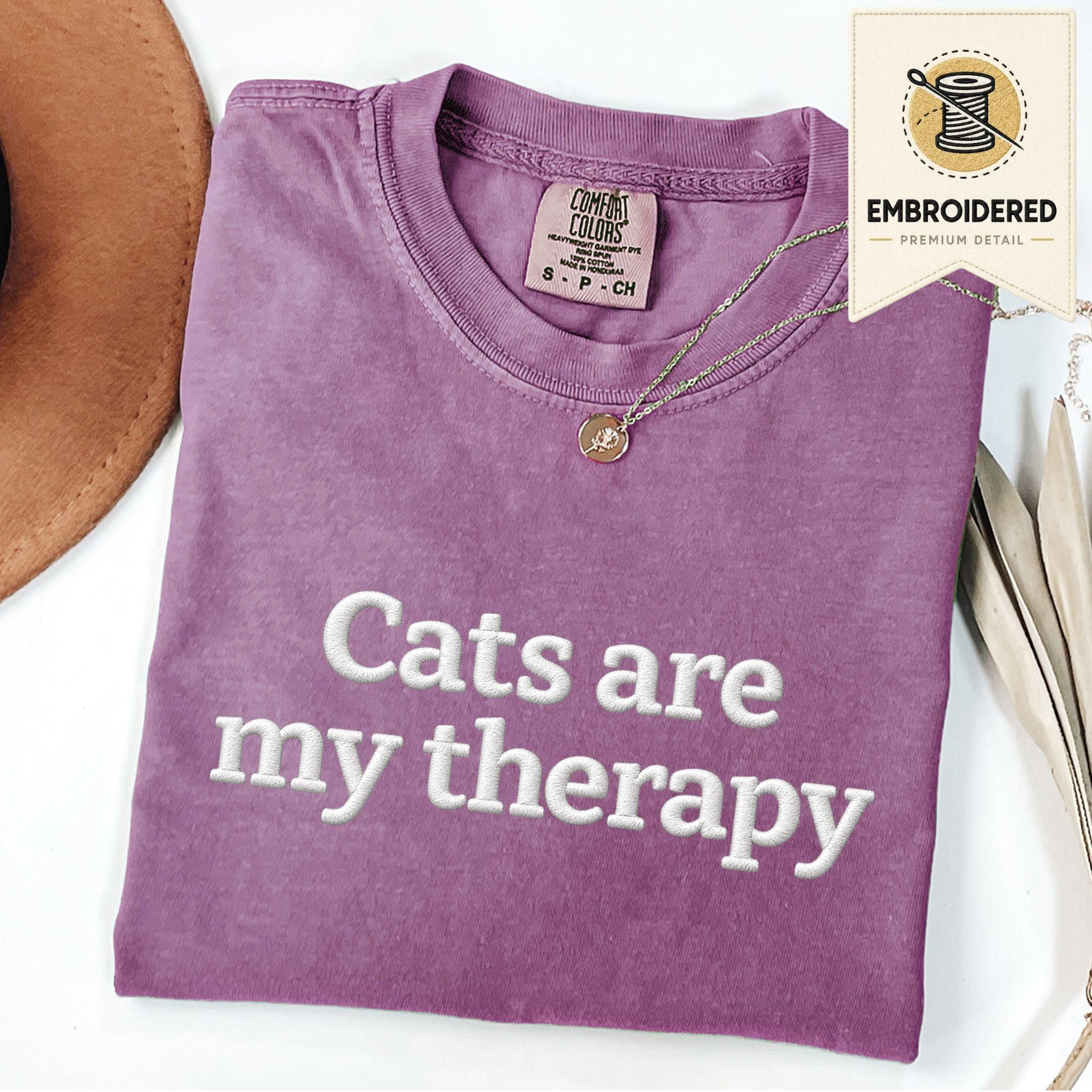 Berry embroidered cat t-shirt with 'Cats Are My Therapy' chest design, shown flat