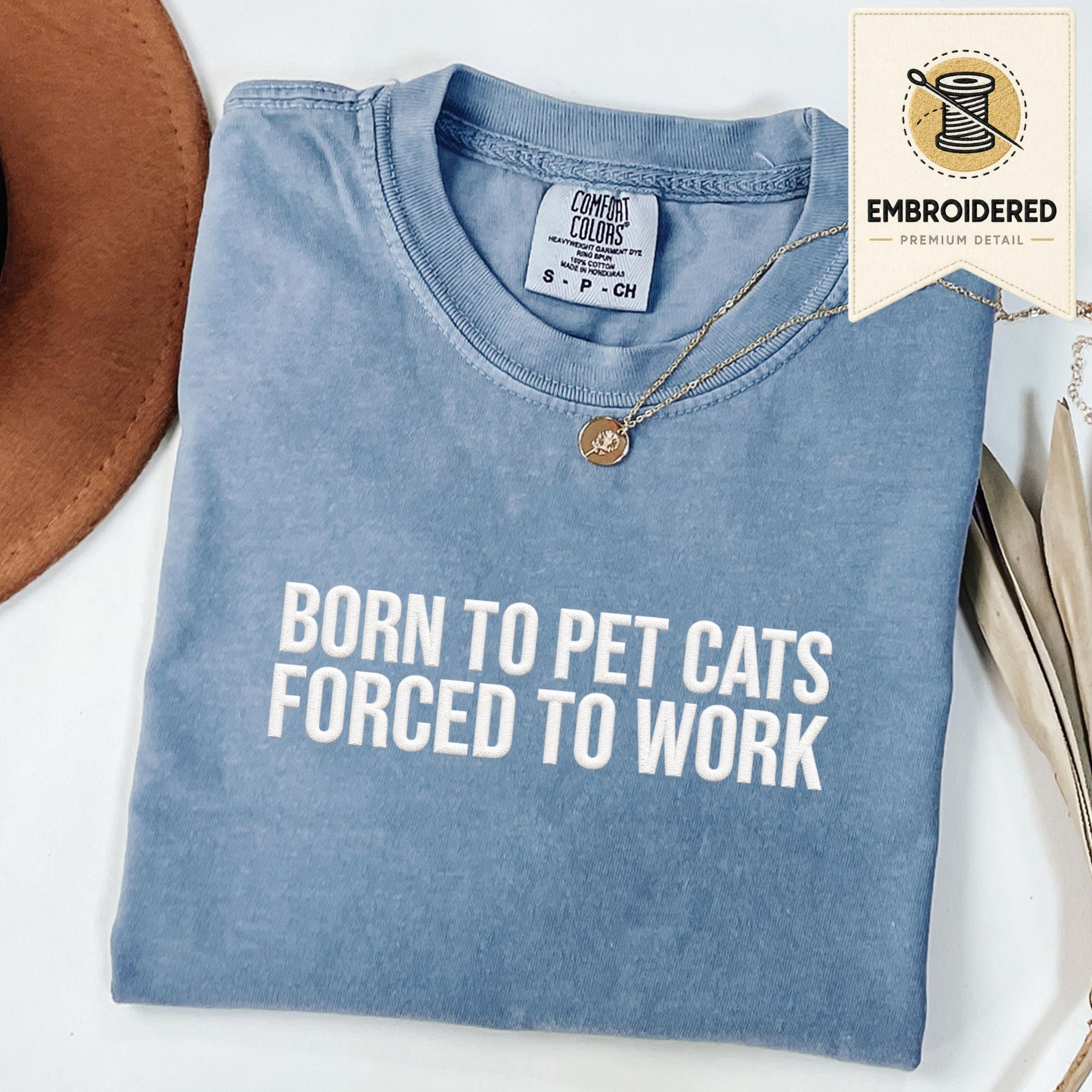 Blue Jean embroidered cat t-shirt with 'Born To Pet Cats' chest design, shown flat