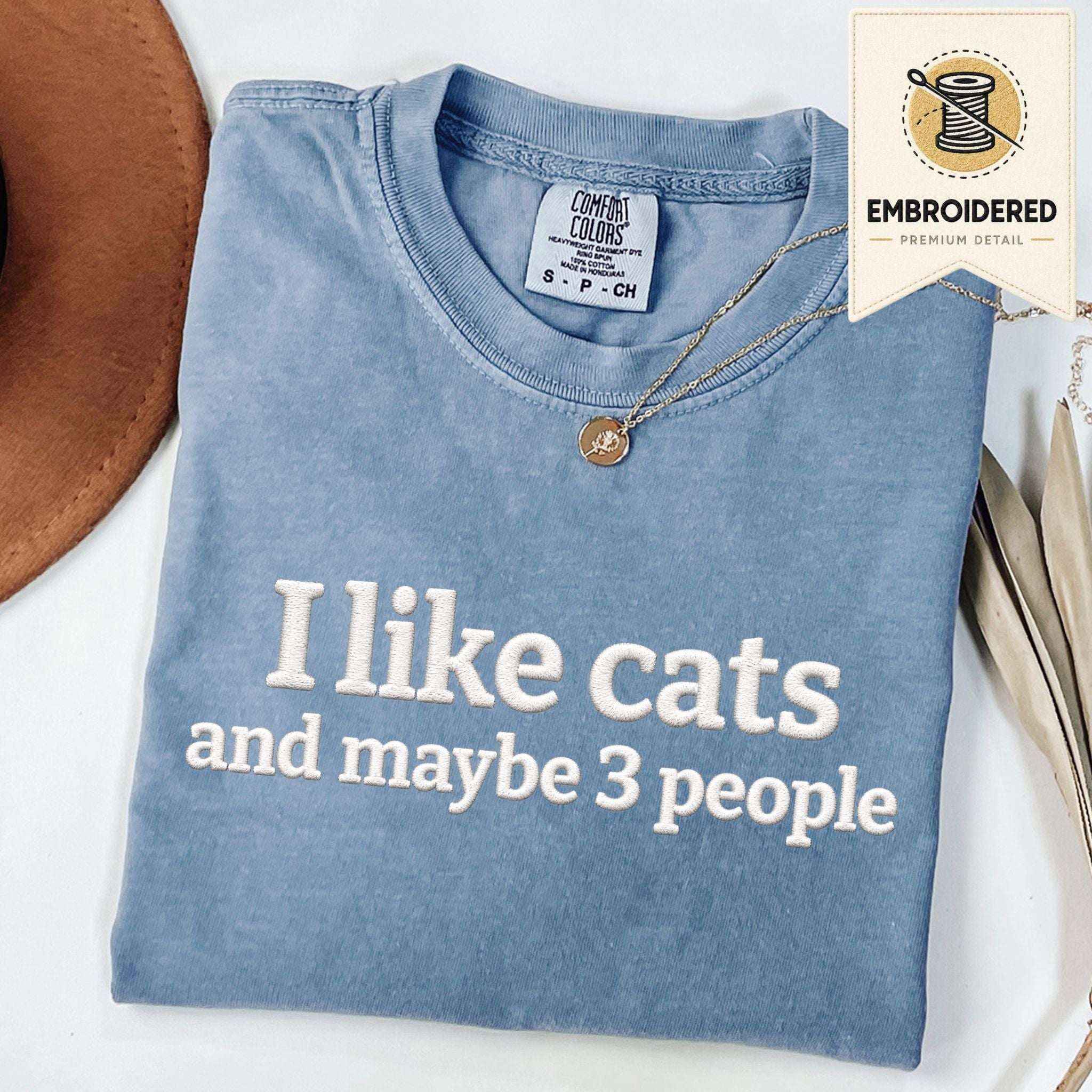 Blue Jean embroidered cat t-shirt with 'I Like Cats' chest design, shown flat