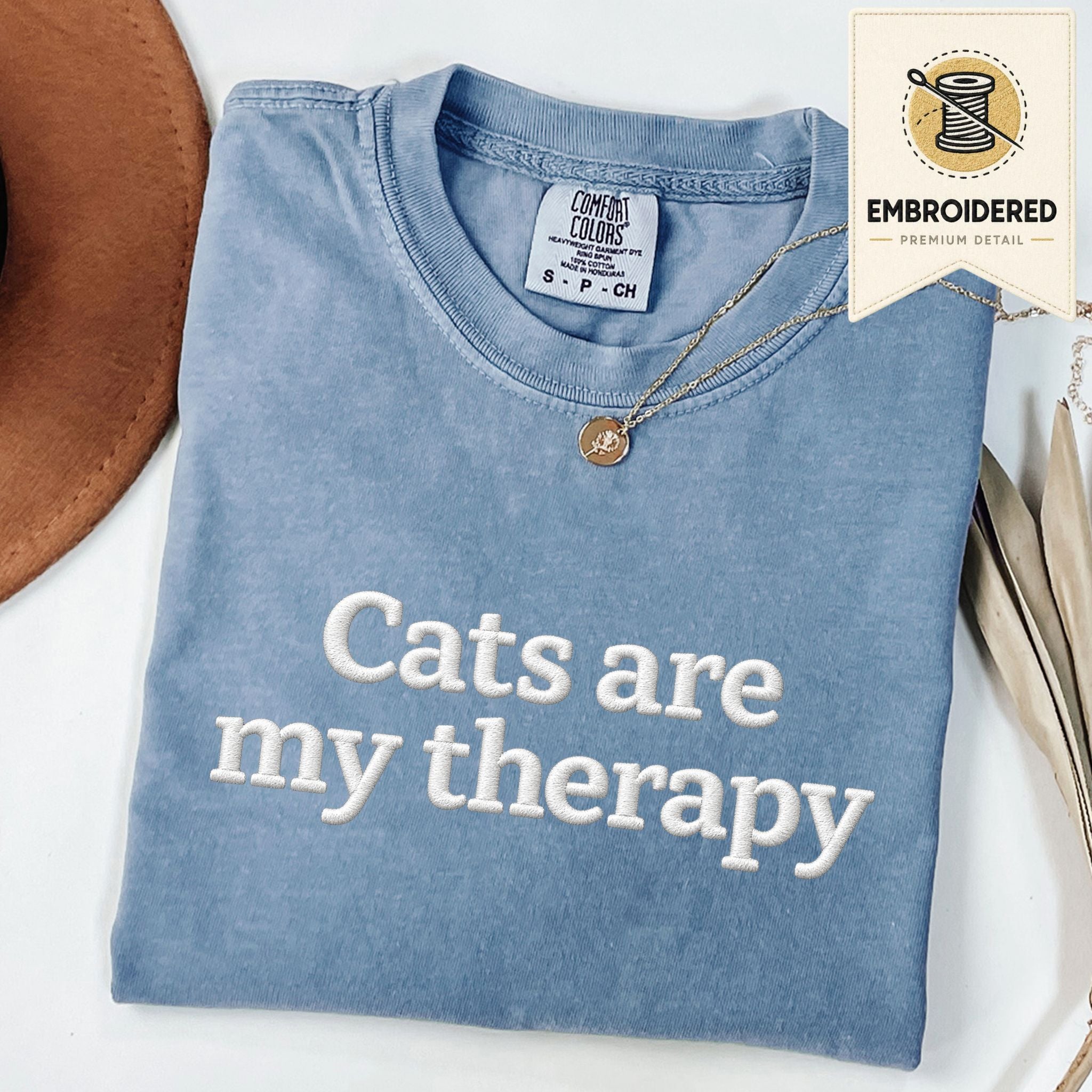 Blue Jean embroidered cat t-shirt with 'Cats Are My Therapy' chest design, shown flat