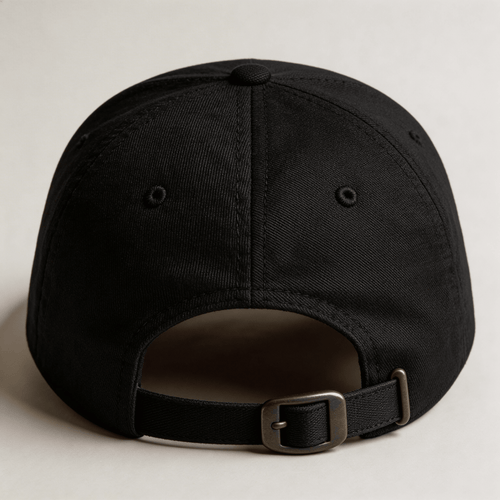 Back view of a black embroidered cap with adjustable strap
