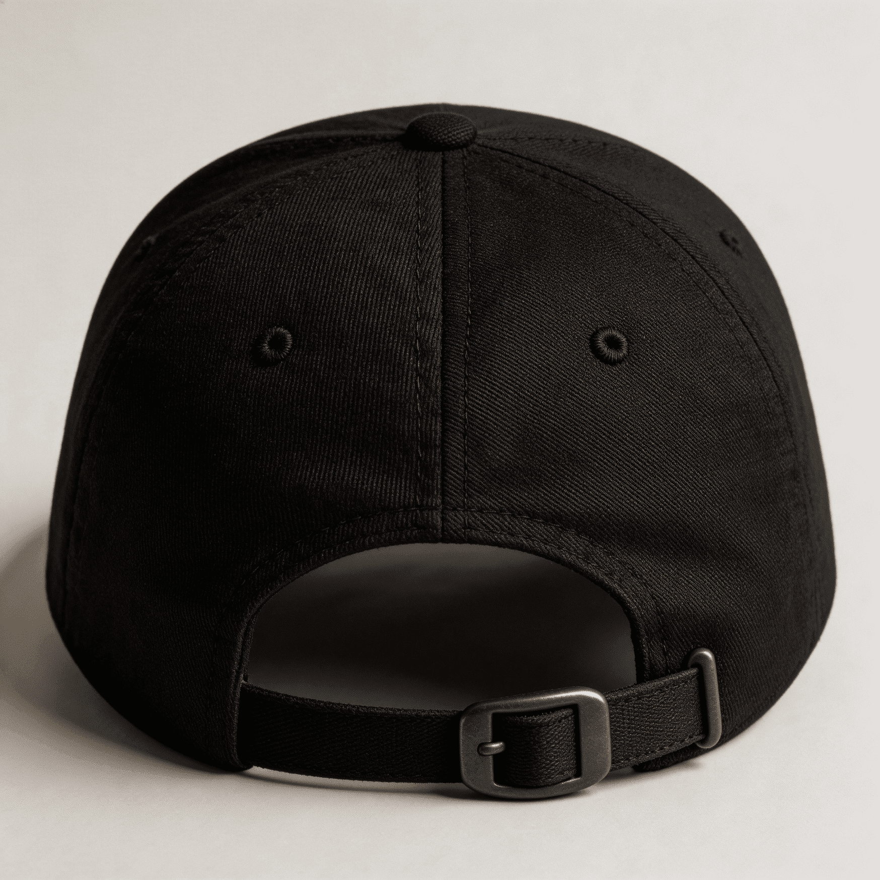 Back view of a black embroidered cap with adjustable strap