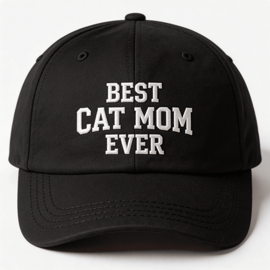 Black embroidered cap with white text that says “Best Cat Mom Ever” shown from the front