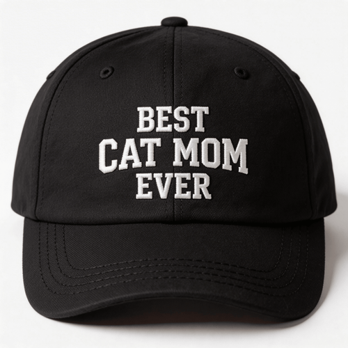 Black embroidered cap with white text that says “Best Cat Mom Ever” shown from the front