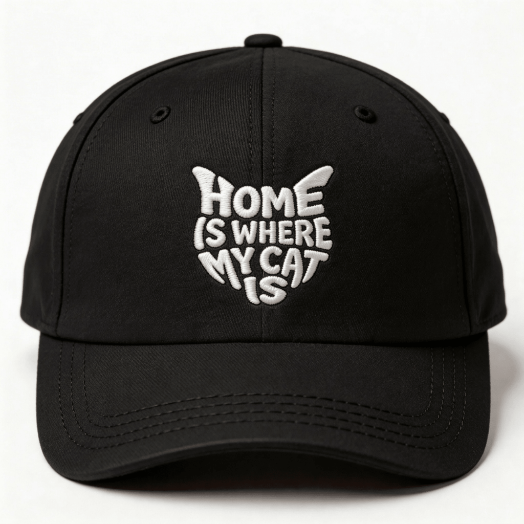 Black embroidered cap with white text that says “Home Is Where My Cat Is” shown from the front