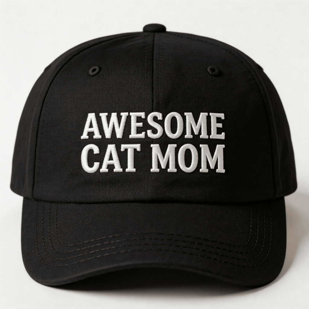 Black embroidered cap with white text that says “Awesome Cat Mom” shown from the front