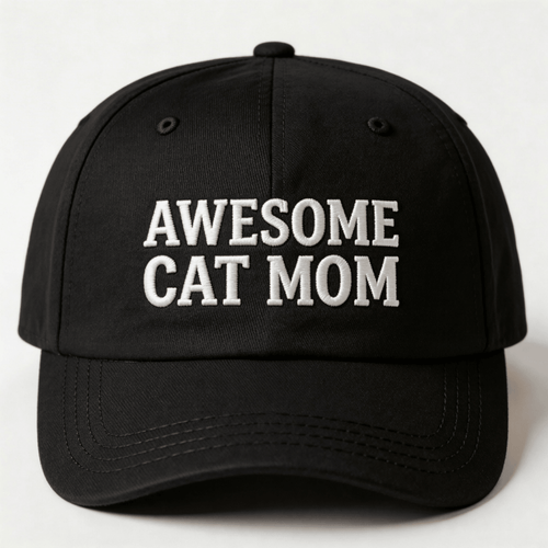 Black embroidered cap with white text that says “Awesome Cat Mom” shown from the front