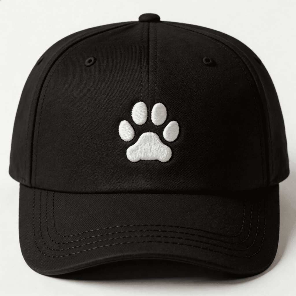 Black embroidered cap with white paw print design shown from the front