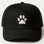 Black embroidered cap with white paw print design shown from the front