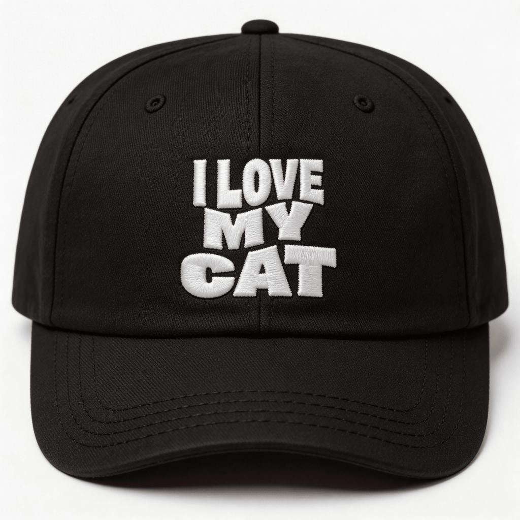 Black embroidered cap with white text that says “I Love My Cat” shown from the front