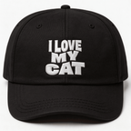 Black embroidered cap with white text that says “I Love My Cat” shown from the front