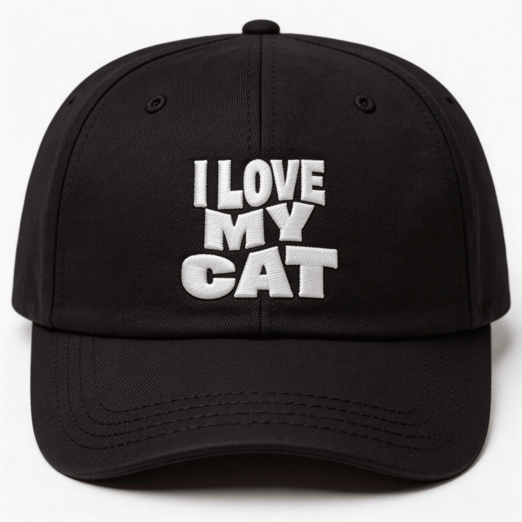 Black embroidered cap with white text that says “I Love My Cat” shown from the front