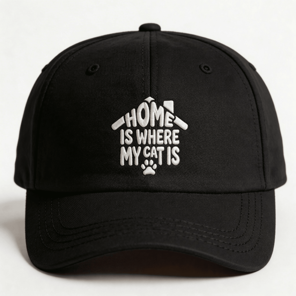 Black embroidered cap with white text that says “Home Is Where My Cat Is” shown from the front