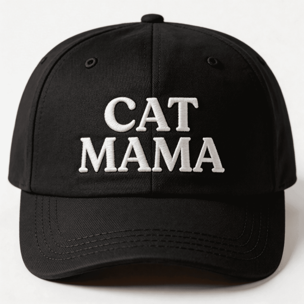 Black embroidered cap with white text that says “Cat Mama” shown from the front