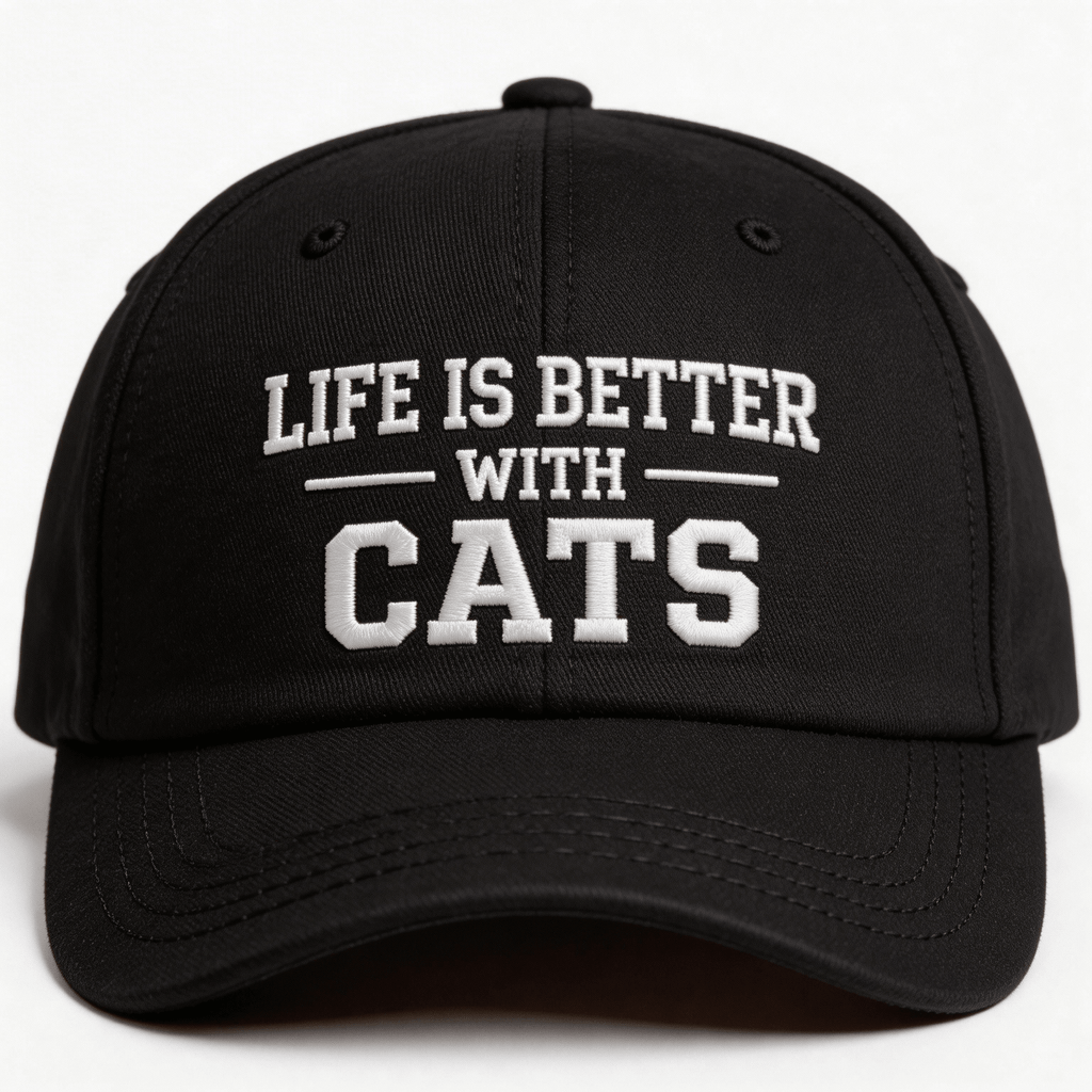 Black embroidered cap with white text that says “Life Is Better With Cats” shown from the front