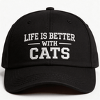 Black embroidered cap with white text that says “Life Is Better With Cats” shown from the front