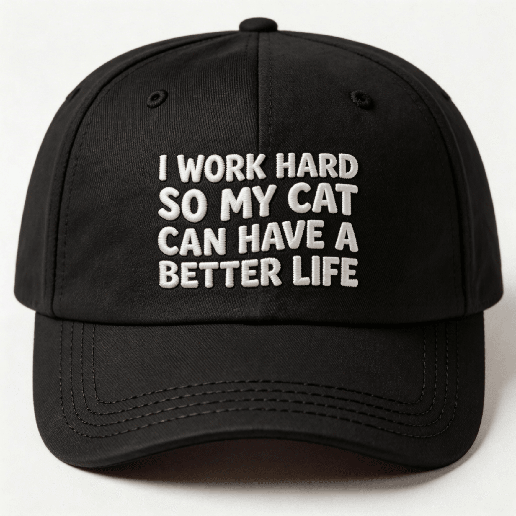 Front view of a black embroidered classic dad cap with white text that says "I WORK HARD SO MY CAT CAN HAVE A BETTER LIFE"
