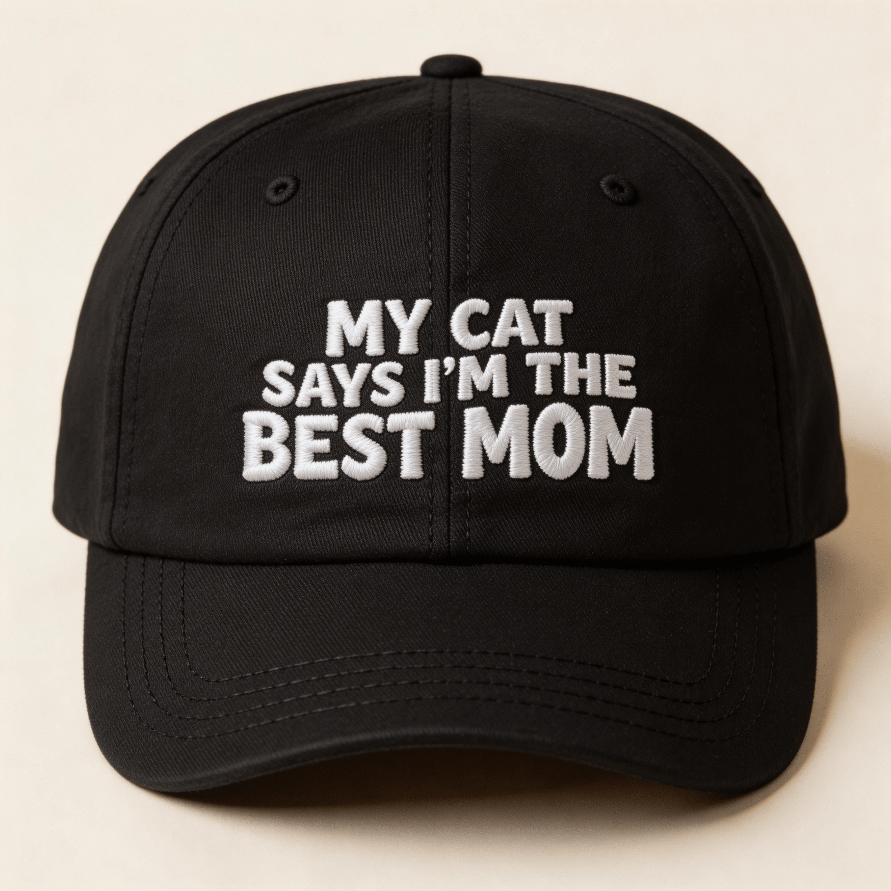 Black embroidered cap with white text that says “My Cat Says I’m The Best Mom” shown from the front