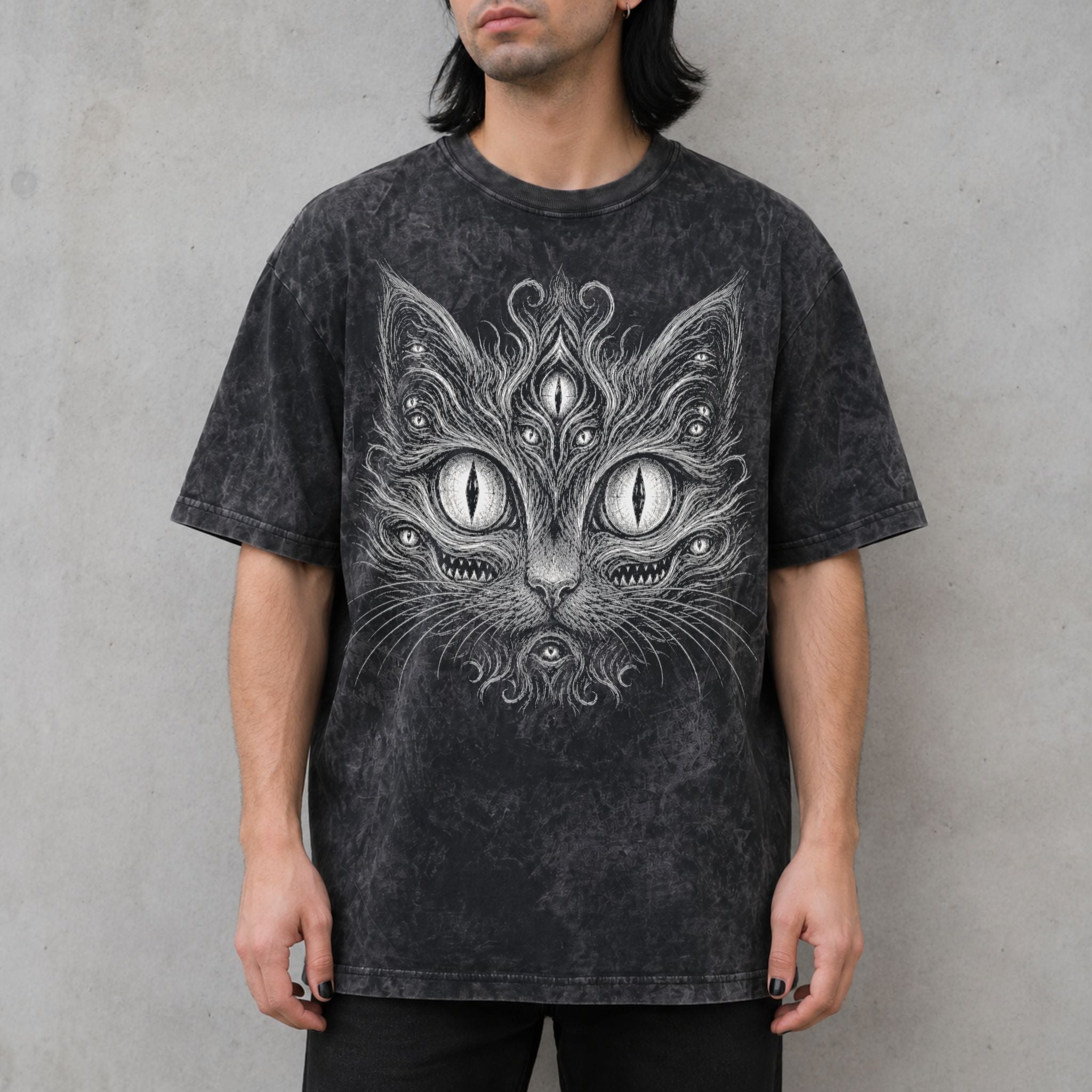 Horror Cat Vintage Tee with surreal many-eyed cat graphic on male model