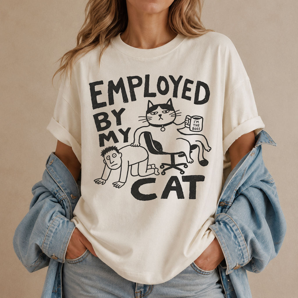 Employed By My Cat T-Shirt in ivory with illustrated cat graphic on female model
