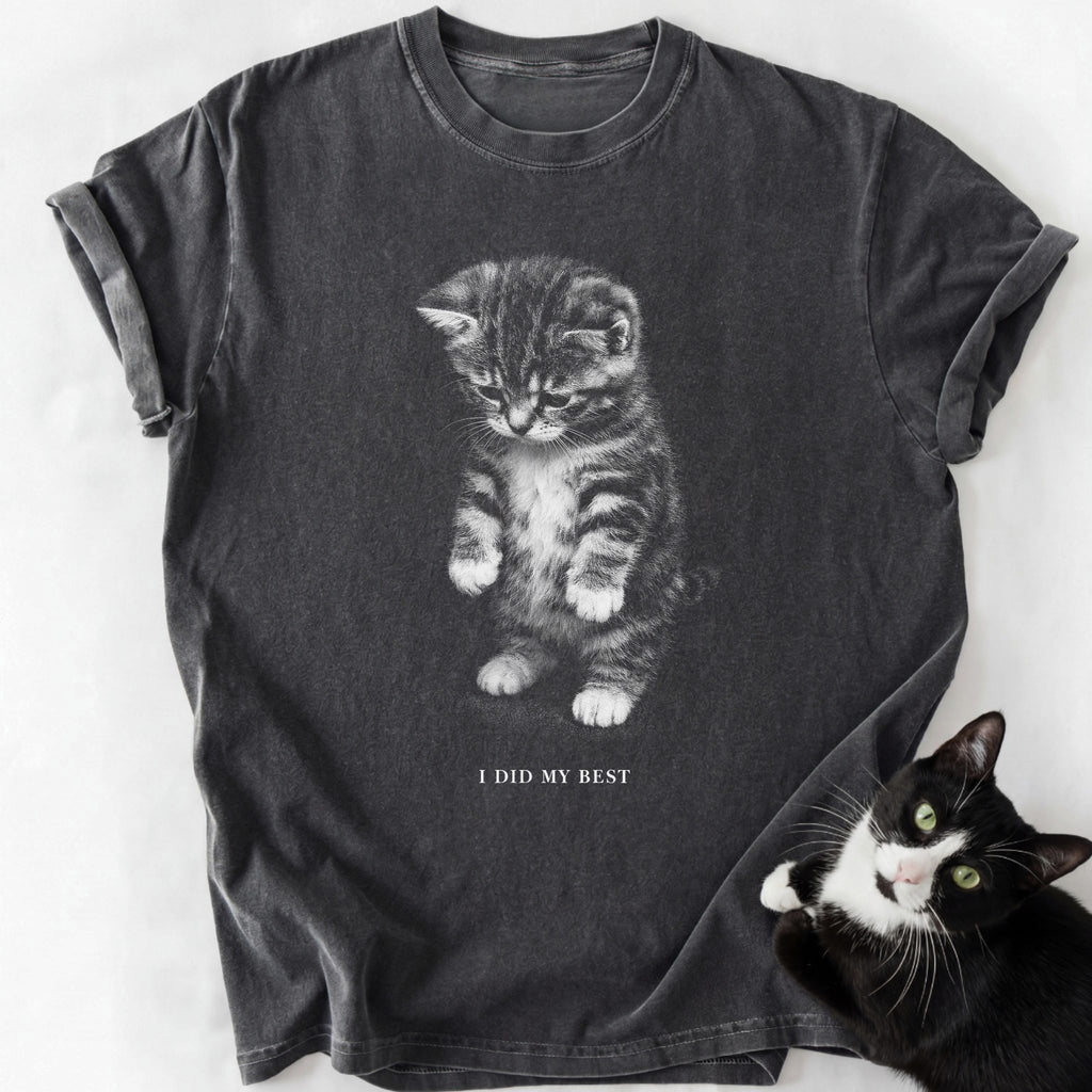 Dark gray garment-dyed t-shirt with tabby kitten graphic and 'I Did My Best' text