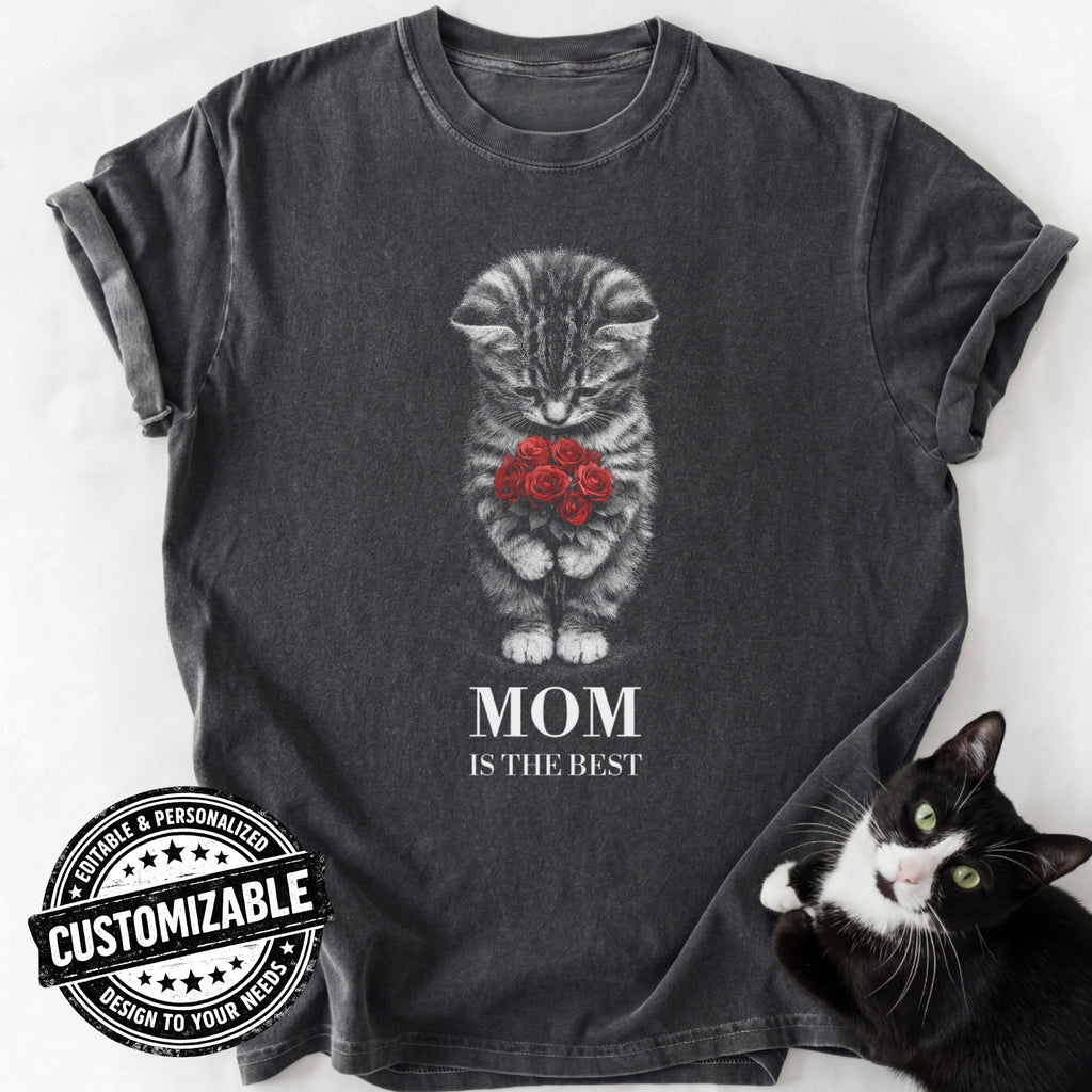 Dark gray custom cat mom t-shirt with kitten holding roses and editable text