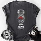 Dark gray custom cat mom t-shirt with kitten holding roses and editable text