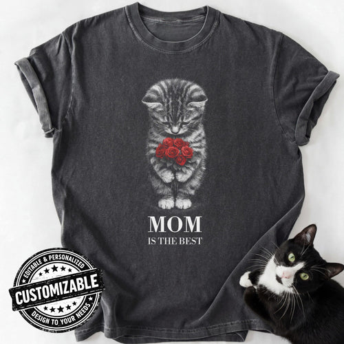 Dark gray custom cat mom t-shirt with kitten holding roses and editable text