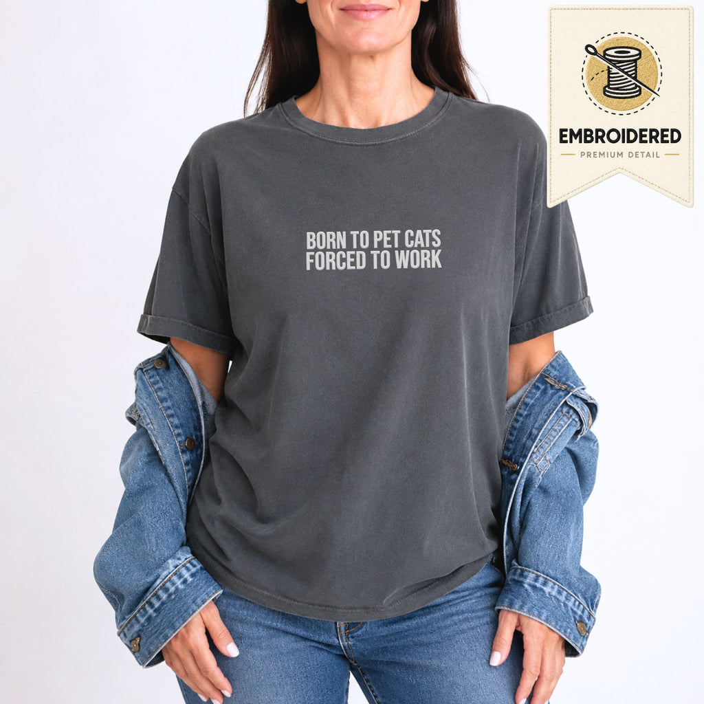 Woman wearing a pepper embroidered 'Born To Pet Cats' t-shirt
