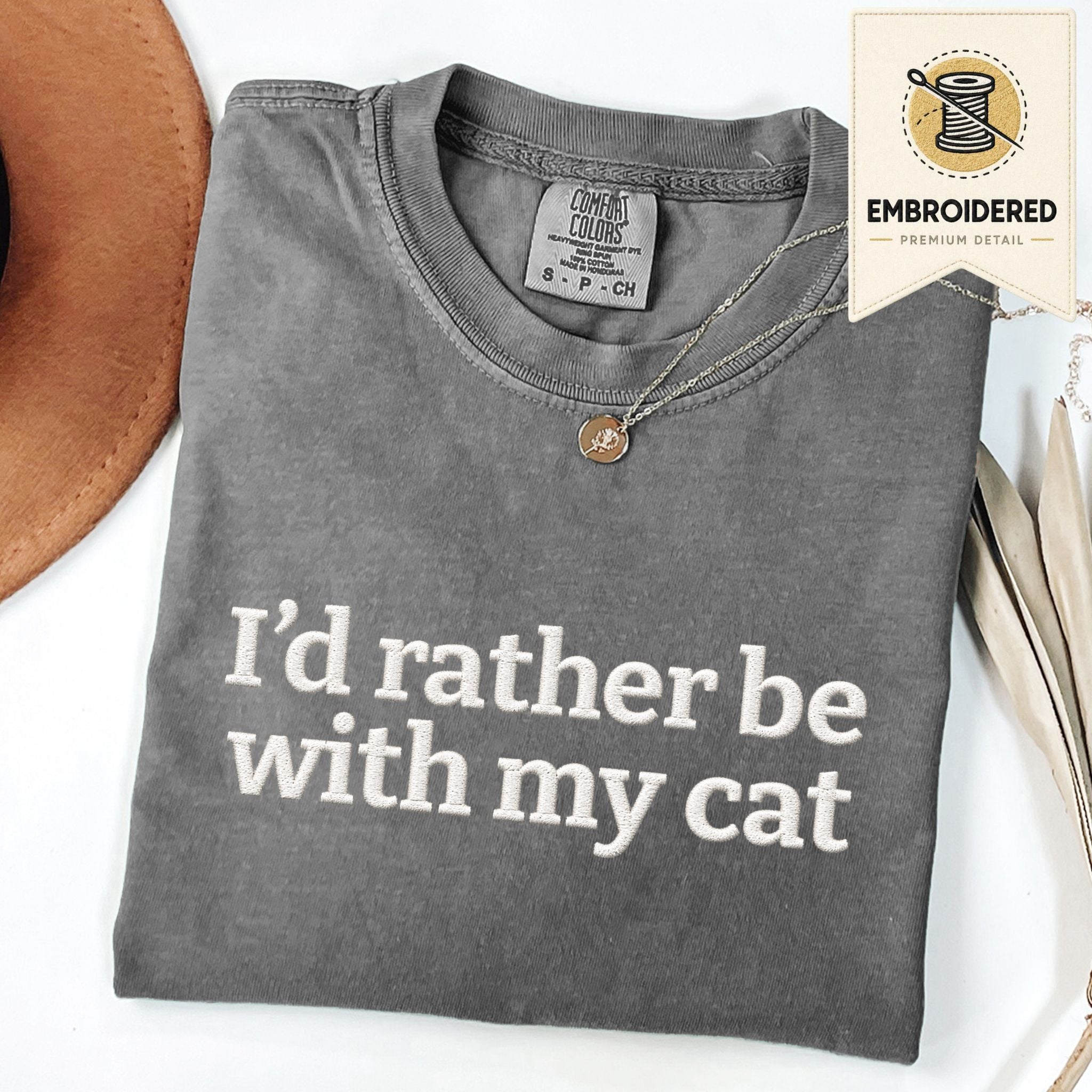Pepper embroidered cat t-shirt with 'I'd Rather Be With My Cat' chest design, shown flat
