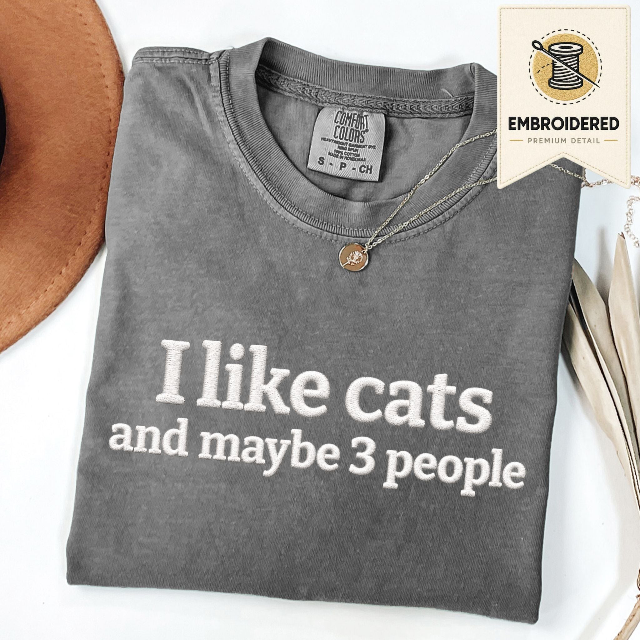 Pepper embroidered cat t-shirt with 'I Like Cats' chest design, shown flat