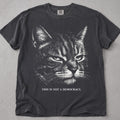 Pepper cat t-shirt with stern tabby cat and This Is Not A Democracy text, front flat lay