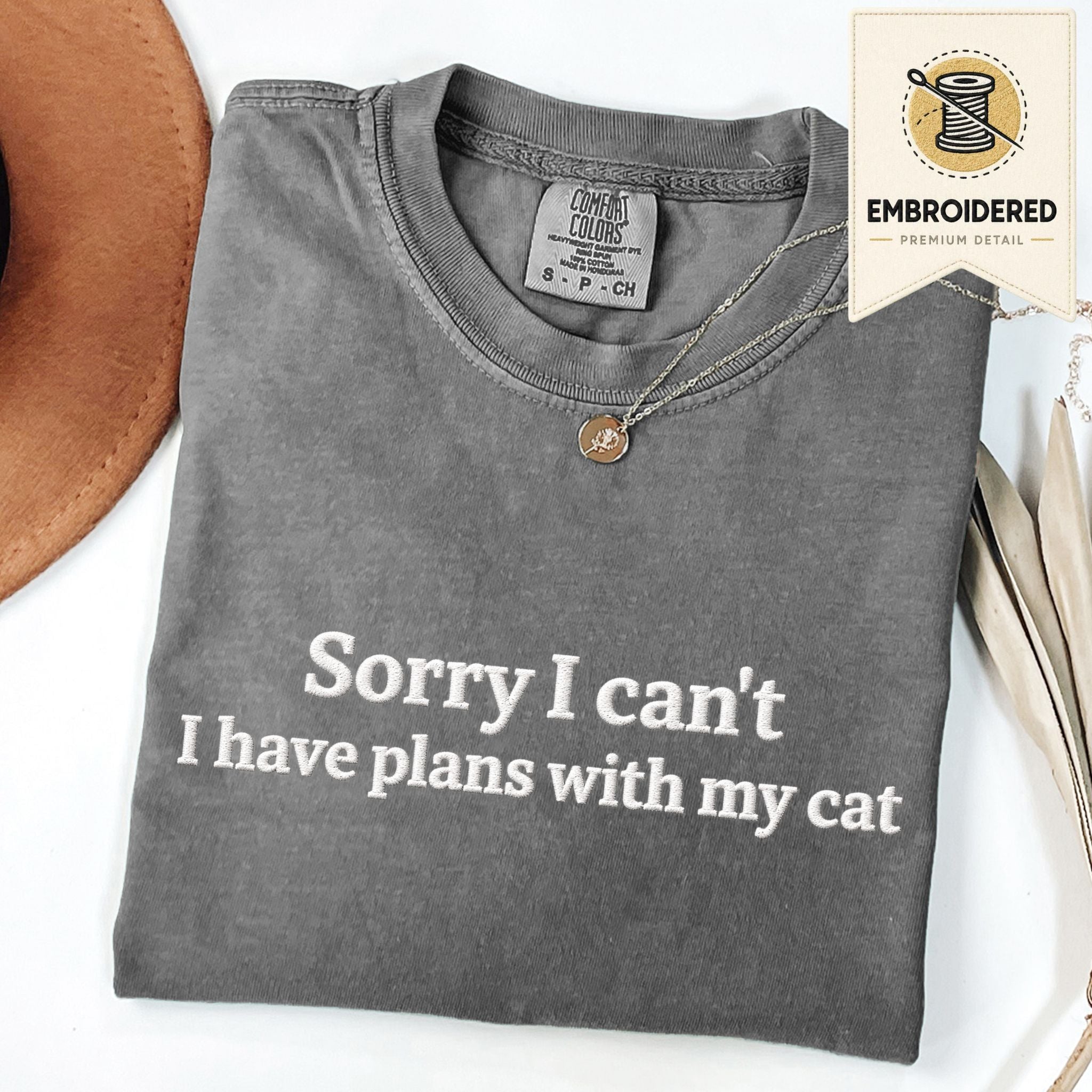 Pepper embroidered cat t-shirt with 'Sorry I Can't' chest design, shown flat