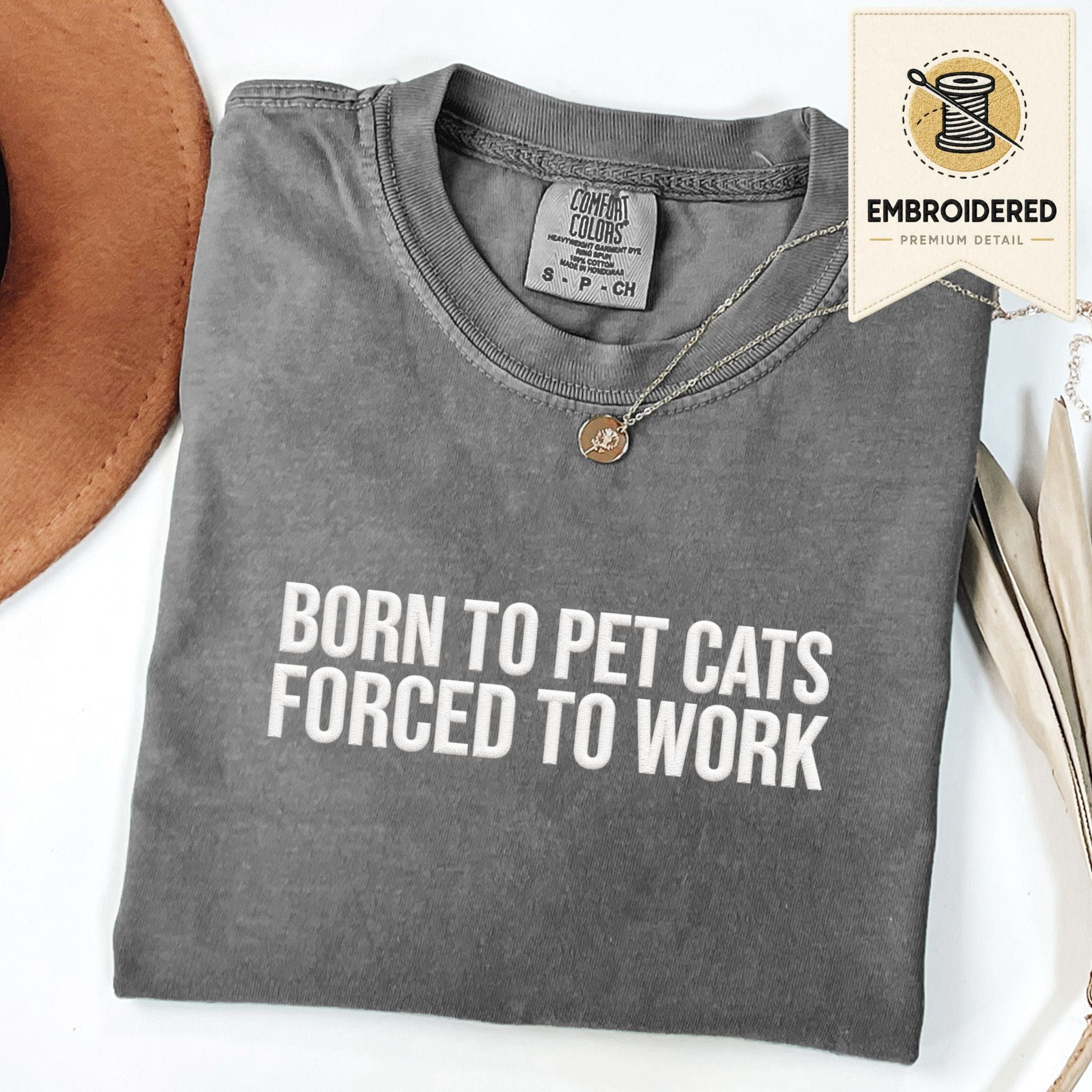 Pepper embroidered cat t-shirt with 'Born To Pet Cats' chest design, shown flat