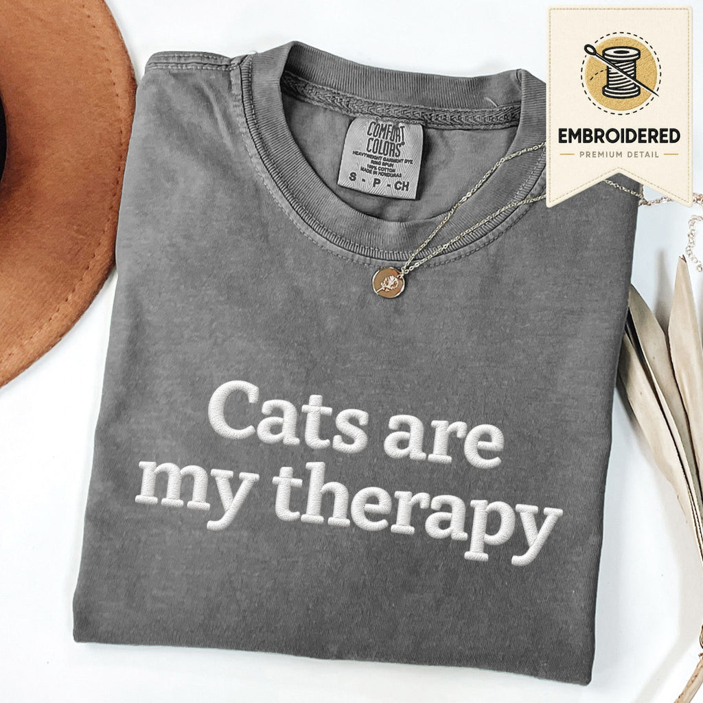 Pepper embroidered cat t-shirt with 'Cats Are My Therapy' chest design, shown flat