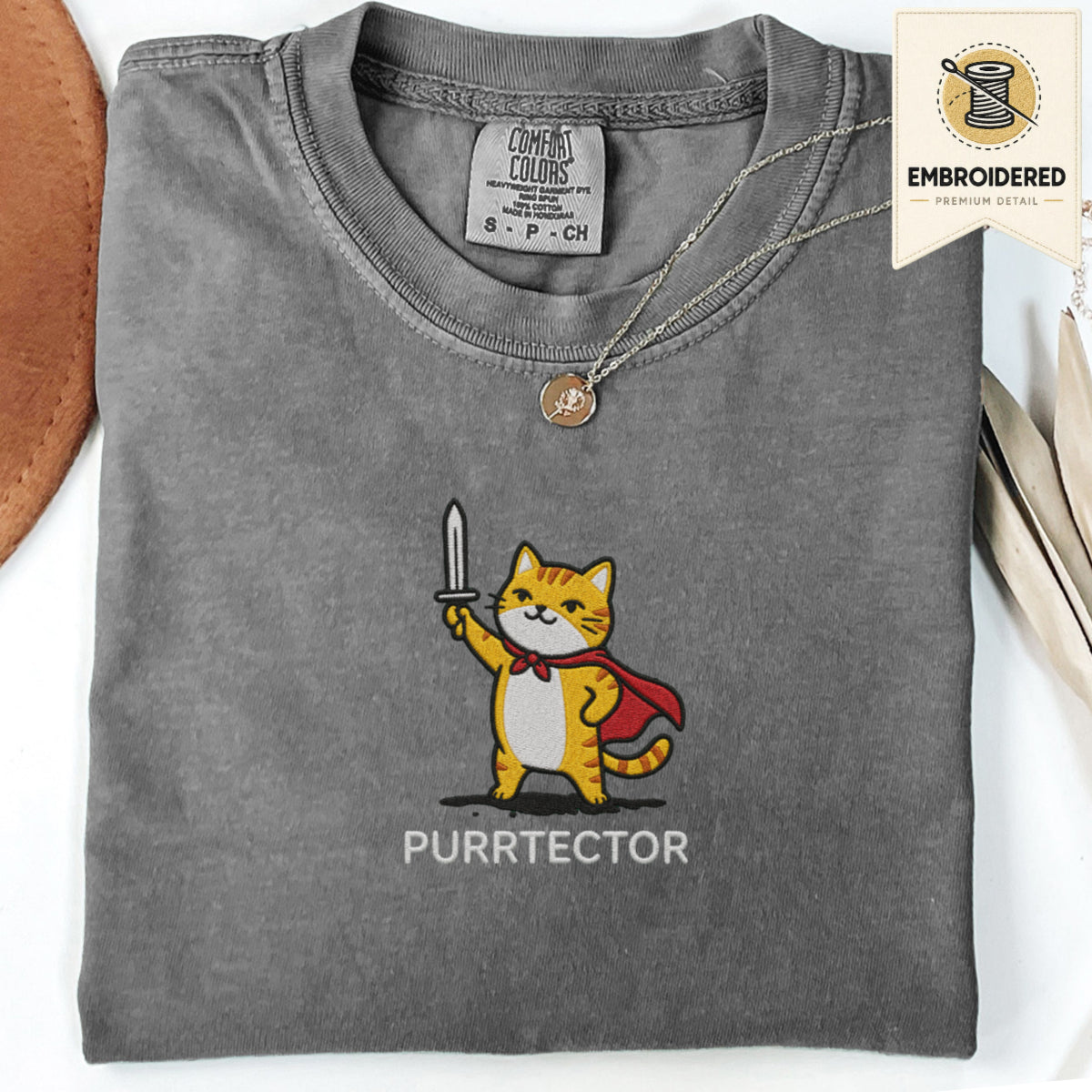 Pepper gray embroidered funny cat t shirt with Purrtector orange cat graphic
