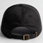 Back view of a black embroidered cap with adjustable strap and metal buckle