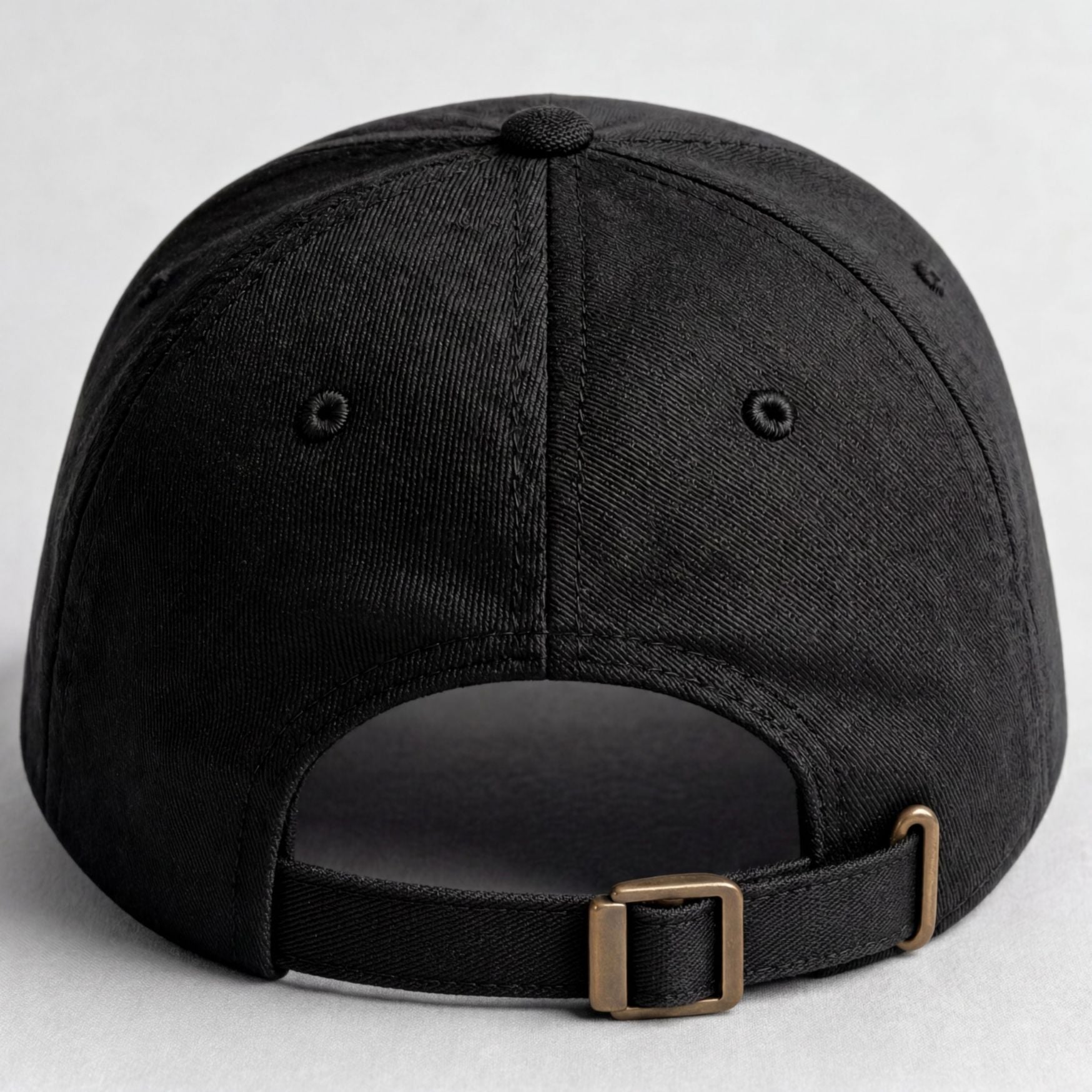 Back view of a black embroidered cap with adjustable strap and metal buckle